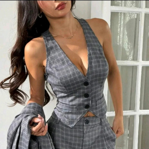 3pcs/Set Solid Grey Suit Blazer Jacket, Vest And Pants - Picture 8 of 10